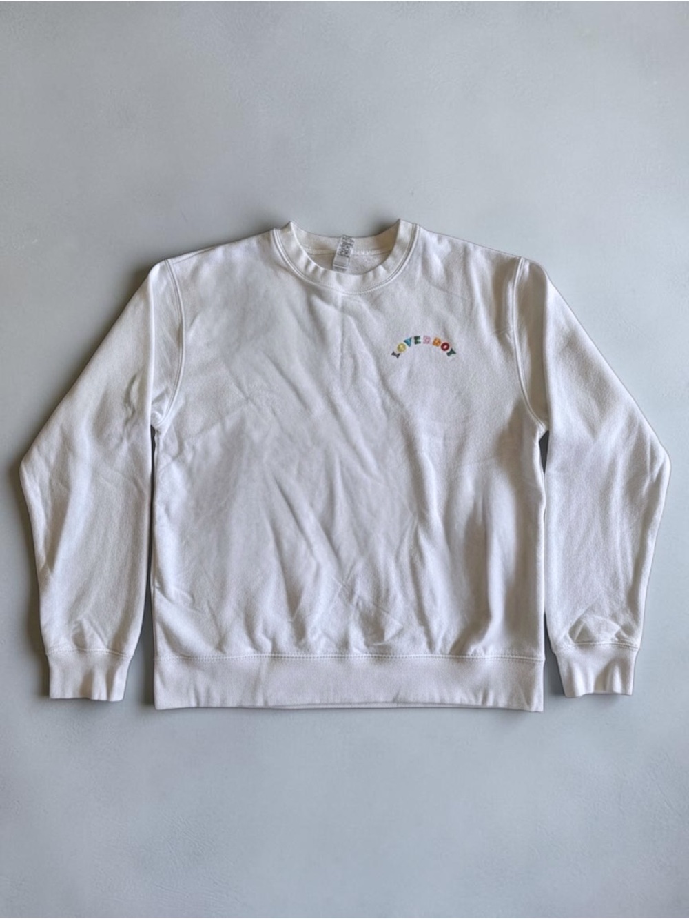LOVERBOY White Crewneck Sweatshirt with Rainbow Text, Size Small